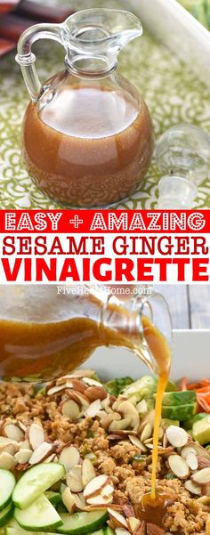 an image of food being poured into a bowl with sauce in it and the words easy amazing sesame ginger vinagrete