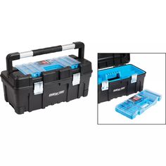 two plastic storage boxes with handles and dividers on each side, one is black and the other is blue