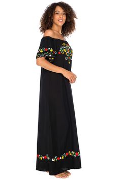 VIBRANT CUSTOM FLORAL EMBROIDERY gives this black off the shoulder Mexican maxi dress a brilliant splash of color. A gorgeous long sundress, beach dress, swimsuit cover up or resort wear OUR EXCLUSIVE EMBROIDERED THREE-TIER sleeves feature 3 rows of fabric, each one beautifully embroidered. Wear on or off the shoulders. Short sleeves provide upper arm coverage FLOWY LONG MAXI DRESS drapes gracefully for a flattering fit. Wear this bohemian tunic dress all day, or pair with heels for a night out.