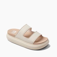 Women's Cushion Bondi 2 Strap Slide in Vintage/Oasis | REEF® Arch Support Sandals, Reef Sandals, Pool Shoes, Bar Vintage, Grey Sandals, Yellow Sandals, Women Slides, Double Wear, Sandals Slippers