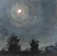 an oil painting with trees in the foreground and a full moon in the background