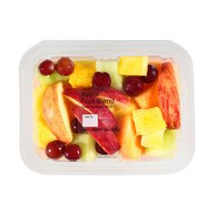 a plastic container filled with assorted fruit