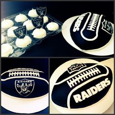 three pictures of cakes decorated to look like footballs