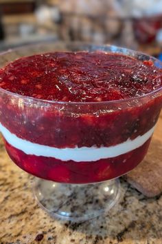 a dessert in a glass dish on a table