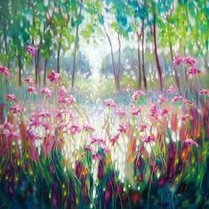 an oil painting of pink flowers and trees