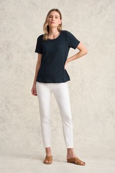 We love the crinkle effect of this fresh Ink-coloured t-shirt. Drawing on the French marinière style, this t-shirt features button detailing along the wearer’s left as well as a smart crew neck. It’s an all-season top that will bring elegance to any ensemble like our Bengajean® 7/8th Button Detail and Harli Cross Strap. Casual Short Sleeve Textured Top, Casual Textured Short Sleeve Top, Textured Cotton Casual Tops, Textured Crew Neck Casual Tops, Relaxed Fit Tops With Crinkle Texture And Short Sleeves, Textured Casual Crew Neck Tops, Casual Textured Cotton Tops, Casual Textured Crew Neck Top, Relaxed Fit Textured Crew Neck Top