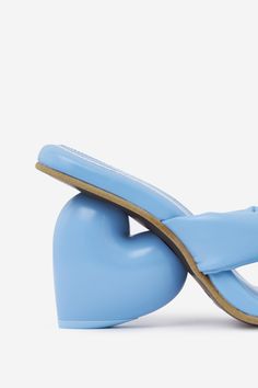 LOVE MULE Sandals in blue faux leather, love heel, flip flops Blue Synthetic Sandals With Sculpted Heel, Blue Sandals With Sculpted Heel And Single Toe Strap, Heel Flip Flops, Saint Laurent Shoes, Mule Sandals, Recycled Rubber, Sneaker Wedge, Bridal Shoes, Manolo Blahnik