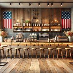 the interior of a restaurant with wooden tables and stools in front of an american flag wall