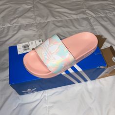 Size: 5y, 5m, 6.5w Great Condition! Ds Nwt Never Worn Or Tried On! Fun Pink Slip-on Sandals, Pink Non-slip Slip-on Slides, Pink Slip-on Slides For Spring, Pink Non-slip Flat Slides, Pink Non-slip Slides, Pink Casual Slides With Round Toe, Pink Round Toe Casual Slides, Pink Synthetic Slides With Round Toe, Pink Flat Synthetic Slides