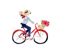 a watercolor painting of a person riding a bike with flowers in the basket on it