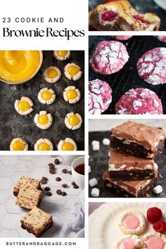 collage of cookies and brownie recipes with raspberries on the bottom left