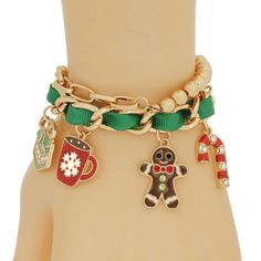 2 Pcs Gold Metal Chain and Ball Bead Stretch Bracelet Set Featuring Green Ribbon and Christmas Charms Including: Gift, Hot Cocoa, Gingerbread and Candy Cane. Cocoa Charm Measures .75 inches. Green Xmas, Arm Bracelets, Bridal Gloves, Head Chain, Hat And Scarf Sets, Wrist Wear, Wedding Belts, Christmas Charms, Green Ribbon