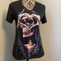 Brand New Never Worn Skull Tee. Ordered Online And It Says Medium But More Like A Small Size. Back Scripture Says I Love You In Neon Green Black Gothic Skull Top, Black Rocker Tops With Skull Print, Black Rocker Top With Skull Print, Black Rocker Style Top With Skull Print, Skull Tee, Say I Love You, Neon Green, Order Online, I Love You