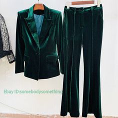 Premium Quality 2PCS Ladies Suit Dark Green Velvet Suit Ladies Business Party Suit Coat Pants, women's Coats Jackets Blue Velvet Suit, Green Velvet Blazer, Purple Blazer, Bronze Green, Designer Runway, Suit Vintage, Fall Pants, Velvet Suit, Velvet Trousers