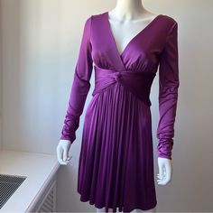 Bcbgmaxazria Polly Mini Dress Fit And Flare Long Sleeve Purple (Concorde Grape) Nwt/Excellent Condition Elegant Purple Pleated Mini Dress, Elegant Purple Dress With Surplice Neckline, Fitted Pleated Dress With Surplice Neckline, Mini Dress Runway, Purple Mini Dress, Geo Print Dress, Floral Party Dress, Floral Halter Dress, Black Tube