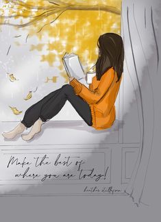 a woman is sitting on the window sill reading a book and falling leaves are flying around her