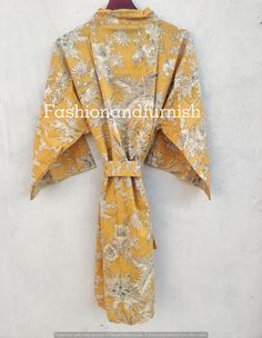 ITEM DESCRIPTION: These Cotton Floral Print Robes are luxurious and sweet, and will make you and your bridesmaids feel like you're blossoming flowers ! These robes are perfect for bridesmaids gifts, birthday gifts, and perfect gifts for girls who are in college. A beautiful lightweight cotton kimono-style hand-printed dressing gown. The gown is 100 cms length and 120 cms wide / bust approx. Features two front pockets, belt and loops. This soft cotton fabric is from India. Fabric has soft touch. Cotton Dressing Gown, India Fabric, Kimono Dressing Gown, Bath Dress, Women Cotton Dress, Kimono Design, Printed Robe, Cotton Kimono, Nightgowns For Women