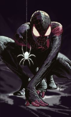 a spider - man in the dark with his hands on his knees and eyes open