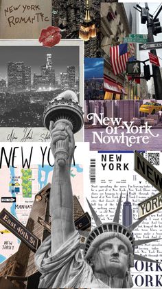 the statue of liberty is surrounded by new york city signs and other things that are collaged together