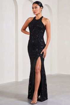 Maxi Length Gown With Side Slits For Party, Full-length Maxi Dress With Side Slits For Party, Glamorous Maxi Evening Dress With Side Slits, Glamorous Maxi Length Evening Dress With Side Slits, Glamorous Black Maxi Dress With Side Slits, Maxi Length Evening Dress With Side Slits For Party, Glamorous Black Evening Dress With Side Slits, Sleeveless Gown With Side Slits For Gala, Black Maxi Evening Dress With Side Slits