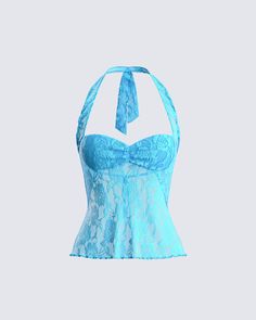 A lil pop of color never hurt nobody 😉 Capture everyone's attention in this turquoise lace halter top. Made from lace fabric, and complete with halter ties, an open back, back ties, a sweetheart neckline, and a flutter hem for a bold and feminine look 💙 Fem Fashion, Turquoise Clothes, Coachella 2024, Black Off Shoulder Top, Turquoise Lace, Lace Halter Top, Turquoise Top, Future Of Fashion, White Halter Top