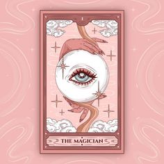 the magician tarot card with an eye and stars above it on a pink background