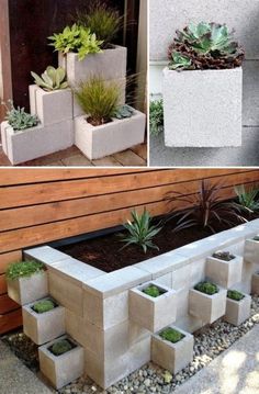 several different types of planters are shown in this collage, including concrete blocks and succulents