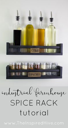 three shelves with different types of spices on them and the words industrial farmhouse spice rack