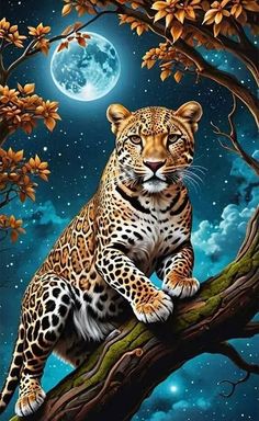 a painting of a leopard sitting on a tree branch in front of a full moon