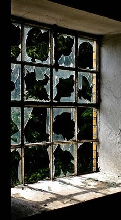 an old window with broken glass on the outside