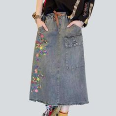 Introducing the Cargo Embroidered Women's Denim Skirt from the 2023 Spring-Summer Collection ââ‚?the perfect representation of trendy vogue with a nostalgic 'Y2K' vibe!Why You'll Love it: Y2K Edge: This long denim skirt will have you turning heads with its stylish 'Y2K' edge. Embroidered Details: Embroidered details bring out the unique personality of this piece. High Waist Design: An ultra-flattering high-waist design ensures a chic and timeless look. Cargo Vibe: Practical cargo-trend pockets a Denim Skirt Jeans For Spring, Embroidered Denim Blue Bottoms For Spring, Spring Embroidered Denim Blue Bottoms, Spring Skirt With Floral Embroidery, Casual Embroidered Denim Skirt, Casual Embroidered Fall Skirt, Casual Embroidered Skirt For Spring, Summer Cotton Denim Skirt With Floral Embroidery, Casual Floral Embroidery Skirt