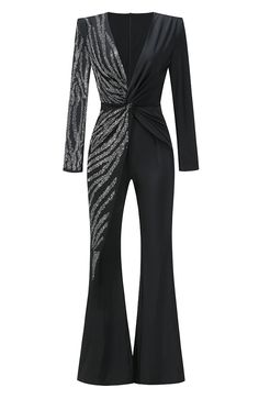 Long Sleeves Crystal Jumpsuit Black DESIGN: Color: Black V-neck Long sleeves Draped detail Embellished with rhinestones Concealed zipper at back Gentle Dry Clean Only Length: Maxi MATERIAL: Polyester + Cotton + Spandex High quality durable fabric. High elasticity for a better fit. Delicate sewing and hemming by durable needle lockstitch machine. YKK zipper (known as the most durable and reliable zippers manufactured today). To maintain the beauty of your garment, please follow the care instructions on the attached label. Color may vary due to lighting on images. The product images (without model) are closest to the true color of the item.     * Order one size up for a relaxed fit. * Pay special attention on measurements to ensure proper fit. * If you are between two sizes th Crystal Jumpsuit, Long Sleeve Jumpsuits, Black Jumpsuits, Outfits College, Circle Mehndi, Embellished Jumpsuit, Spring Night, Dress Graduation, Jumpsuit Chic