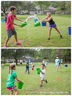 two pictures of children playing with buckets in the grass, and one is throwing water at each other