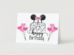 a happy birthday card with minnie mouse ears and pink heart shaped balloons on the front