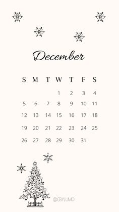 the december calendar is shown with snowflakes and trees in black ink on white paper