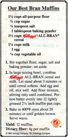 the recipe for our best bran muffins is shown in red and black ink