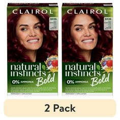 Shine brighter with bold red hair color with Clairol Natural Instincts Bold Permanent Hair Color Kit in BR36 Deep Burgundy Acai. This affordable at-home hair color kit provides up to 8 weeks worth of vivid permanent burgundy hair dye that gently provides glossy, bold coloreven on dark hair color. Intensely pigmented, the permanent red hair dye for dark hair works on many shades. Clairols most gentle permanent hair coloring kit yet, this dermatologically-tested ammonia free hair dye kit has nourishing ingredients like acai extract, guarana extract and argan oil, is safe for textured hair and will give you striking, glossy permanent burgundy hair color that lasts. The included Moisture Shine moisturizing hair mask conditions and protects hair between colorings for softer, shinier hair. Wheth Red Hair Dye For Dark Hair, Permanent Red Hair Dye, Hair Dye For Dark Hair, Bold Red Hair, Dye For Dark Hair, Dark Red Hair Dye, Hair Dye Red, Burgundy Hair Dye, Clairol Hair Color