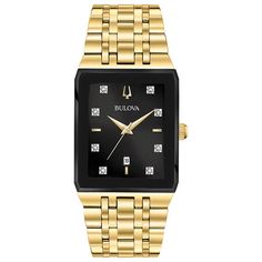 From the Bulova Modern collection, this men's watch features a rectangle black dial with a date display at the six o'clock hour, gold-toned hands and diamond accent markers in a 30.0 x 45.0mm gold-toned stainless steel case. The reliable Japanese quartz movement ensures accurate time keeping. The gold-toned stainless steel bracelet secures with a deployment clasp. Water-resistant to 30 meters, this watch comes with a three-year limited manufacturer warranty. We are an authorized Bulova dealer. Yellow Gold Business Watch With Rectangular Shape, Yellow Gold Business Watches With Rectangular Shape, Gold Rectangular Diamond Watch With Polished Finish, Classic Gold Rectangular Diamond Watch, Gold Square Watch For Formal Occasions, Gold Rectangular Watch With Polished Finish, Gold Rectangular Watches With Subdials, Gold Rectangular Watches With Polished Finish, Rectangular Yellow Gold Watches With Subdials