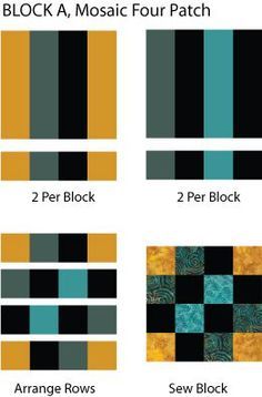 four different blocks of black, yellow and blue fabric with text that reads block 4 mosaic four patch 2 per block 2 per block 3 per block