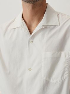 A classic midcentury style in lightweight mercerized cotton, washed for a broken-in yet structured feel. | Buck Mason Men's Wornwell S/S Camp Shirt in White, Size Large | Cotton Classic Camp Shirt With Relaxed Fit And Collar, Classic Collared Camp Shirt With Relaxed Fit, Classic Shirt With Welt Pockets And Camp Collar, Classic Relaxed Fit Camp Shirt, Classic Cotton Camp Shirt With Camp Collar, Classic Camp Shirt With Johnny Collar Relaxed Fit, Classic Relaxed Fit Camp Shirt With Johnny Collar, Classic Johnny Collar Camp Shirt With Relaxed Fit, Classic Camp Shirt With Lapel Collar For Spring