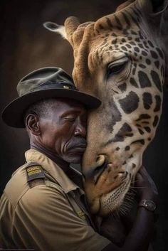 a man in uniform hugging a giraffe's face