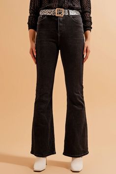 Maxi length. Jeans. Plain design. A-line cut. Flare. Daily. Basic. Black Flare Jeans, Tall Person, Types Of Jeans, High Waisted Flare Jeans, Utility Belt, Jean Flare, Utility Pockets, How To Hem Pants, High Waisted Flares