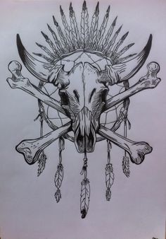 a drawing of a bull skull with feathers and arrows