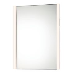 a bathroom mirror that is white and has a light on the bottom half of it