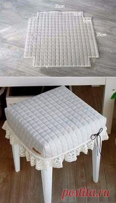 the before and after pictures show how to make a stool with lace trimmings