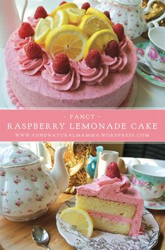 raspberry lemonade cake with pink frosting and fresh fruit on top, served in teapots