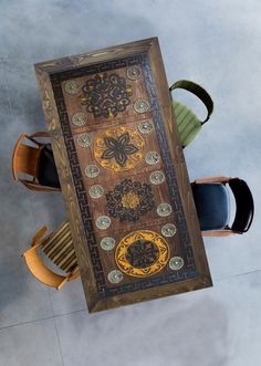 an overhead view of a table and chairs