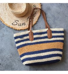 Buy Online High Quality, Unique Handmade Large Striped Straw Woven Tote Bag, Retro Vibes, Summer Bag, Everyday Shoulder Bag, Beach Bag - Elena Handbags Handbags Large, Vacation Bag, Crochet Shoulder Bag, Nautical Stripes, Straw Tote Bag, Handbag Pattern, Crochet Purse Patterns, Woven Tote Bag, Straw Bags