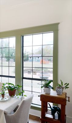 the dining room table is set for two with white linens and green walls, along with potted plants