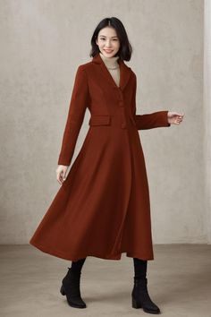 ★★ Welcome to my Ylistyle's shop！！！ The rust red long princess wool coat, features a waist-cinching design to perfectly show off your figure.  Wear it in autumn and winter to keep you warm and comfortable.  It's a good fashion item. ★★FEATURES 50% wool, 50% fiber nylon polyester Polyester lining Two Side pockets Buttons closure Long wool coat A line coat Vintage wool coat Princess wool coat Autumn winter wool coat Dry clean More color    https://www.etsy.com/listing/729090123 ★★ The model's height approx 170 cm (5′ 7″) with the 84 cm (33") bust, 66 cm (26") waist. She is wearing the wool coat in size XS (US2) ★★ Please select custom order according to the follow situation Can't find your size Your height is over 175cm Your weight is over 75kg Request Length custom Request sleeve length ★★ Solid A-line Outerwear For Fall, Long Wool Coat For Fall, Solid Color Long Wool Coat For Fall, Fall A-line Single Breasted Outerwear, Long Solid Wool Coat For Fall, Brown Long Wool Coat For Winter, A-line Wool Outerwear For Fall, Wool A-line Outerwear For Fall, A Line Coat